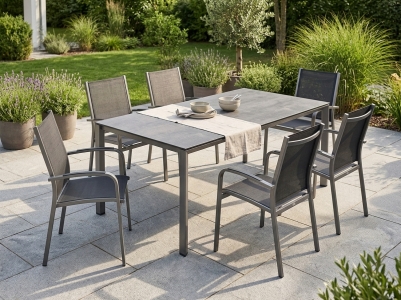 Meran Gartenm&ouml;belset graphit, 6 Stapelsessel und 1 Tisch 220x100cm Polytec Zement anthrazit-Gestell Graphit