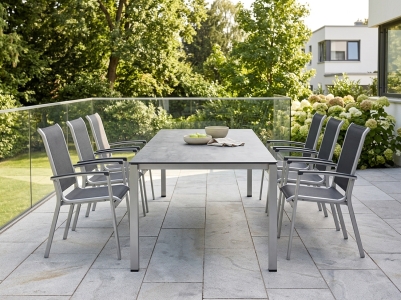Calvi Gartenm&ouml;belset graphit, 6 Stapelsessel, 1 Tisch 220x100cm Polytec Zement graphit-Gestell Graphit