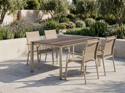 Cadiz Gartenm&ouml;belset champagner, 4 Stapelsessel, 1 Tisch 160x90cm Polytec Eiche dunkel-Gestell Champagner