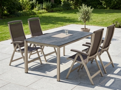 Royal Gartenm&ouml;belset champagner, 4 Klappsessel R&uuml;ckenteil 6-fach verstellbar, 1 Tisch 160x90cm Polytec Zement anthrazit