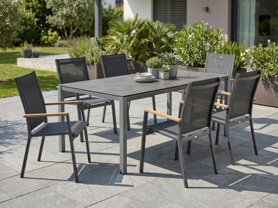 Cadiz Gartenm&ouml;belset eisengrau, 6 Stapelsessel, 1 Tisch 220x100cm Polytec Beton dunkel-Gestell Eisengrau