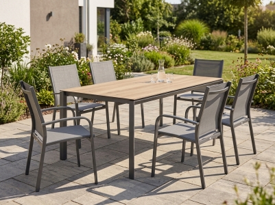 Meran Gartenm&ouml;belset, 6 Stapelsessel, 1 Tisch 220x100cm Polytec Eiche hell-Gestell Eisengrau