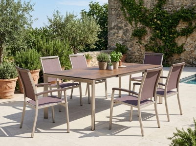 Royal Gartenm&ouml;belset champagner, 6 Stapelsessel, 1 Tisch verl&auml;ngerbar 180-290x100cm