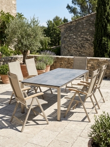 Cadiz Gartenm&ouml;belset champagner, 6 Klappsessel R&uuml;ckteil 6-fach verstellbar, 1 Tisch 220x100cm Polytec Zement graphit