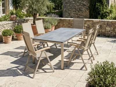 Cadiz Gartenm&ouml;belset champagner, 6 Klappsessel R&uuml;ckteil 6-fach verstellbar, 1 Tisch 220x100cm Polytec Zement graphit
