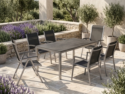 Sieger Calvi Gartenm&ouml;bel-Set graphit, 2 Klappsessel R&uuml;ckenteil 6-fach verstellbar, 4 Stapelsessel, 1 Tisch 160x90cm Dekor Beton 