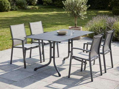 Sieger Lima Gartenm&ouml;belset eisengrau, 4 Stapelsessel, 1 Klapptisch Polytec Schiefer anthrazit, 140x90cm