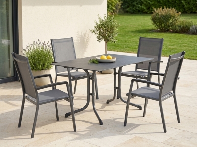 Bodega Gartenm&ouml;belset eisengrau, 4 Stapelsessel, 1 Klapptisch 120x80cm Polytec Schiefer anthrazit