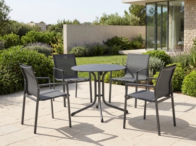Sieger Bozen Gartenm&ouml;belset eisengrau, 4 Stapelsessel und 1 Tisch Polytec rund 80cm