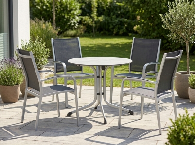 Sieger Meran Gartenm&ouml;belset graphit, 4 Stapelsessel und 1 Tisch Polytec rund 80cm