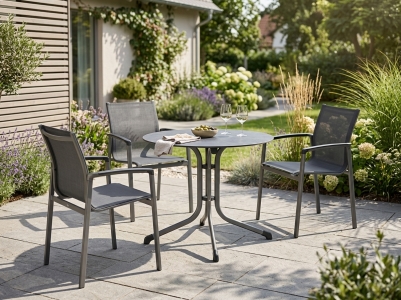 Sieger Bozen Gartenm&ouml;belset graphit, 3 Stapelsessel, 1 Klapptisch Polytec Schiefer anthrazit rund 85cm