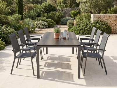 Sieger Calvi Gartenm&ouml;belset eisengrau, 6 Stapelsessel, 1 Gartentisch 220x100cm Polytec Eiche dunkel