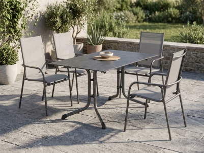 Sieger Sirio Gartenm&ouml;belset eisengrau, 4 Stapelsessel, 1 Klapptisch Polytec Schiefer anthrazit, 140x90cm