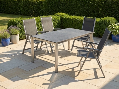 Sieger Calvi-Polytec Gartenm&ouml;belset graphit, 4 Klappsessel 6-fach verstellbar, 1 Tisch 160x90cm mit Polytec Dekor Zement