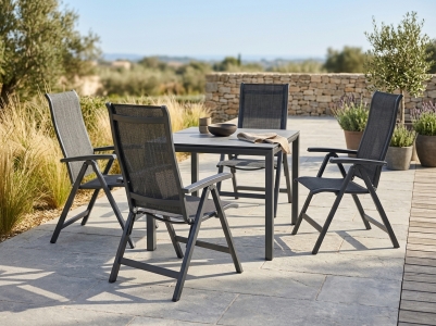 Sieger Calvi-Polytec Gartenm&ouml;belset eisengrau, 4 Klappsessel , 1 Tisch Polytec 90x90cm Dekor Zement graphit