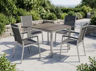 Sieger Bodega-Polytec Gartenm&ouml;belset graphit, 4 Stapelsessel , 1 Tisch Polytec 90x90cm Dekor Eiche dunkel