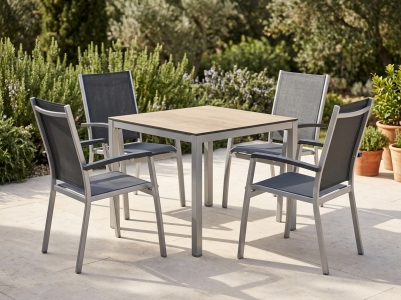 Sieger Bodega-Polytec Gartenm&ouml;belset graphit, 4 Stapelsessel, 1 Tisch 90x90cm, Dekor Eiche hell