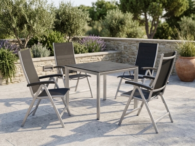 Sieger Bodega-Polytec Gartenm&ouml;belset graphit, 4 Klappsessel  6-fach verstellbar, 1 Tisch 90x90cm  Dekor Beton dunkel