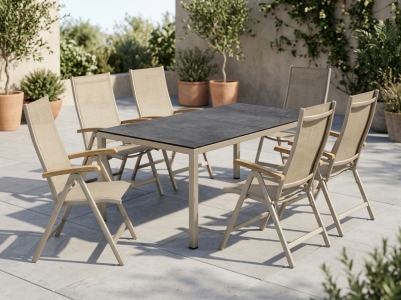 Sieger Cadiz-Polytec Gartenm&ouml;belset champagner, 6 Klappsessel 6-fach verstellbar, 1 Tisch Polytec 220x100cm, Dekor Zement anthra