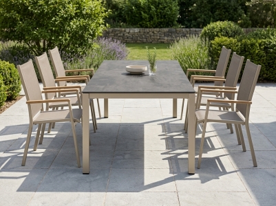 Sieger Cadiz-Polytec Gartenm&ouml;belset champagner, 6 Stapelsessel, 1 Tisch Polytec 220x100cm, Dekor Beton dunkel