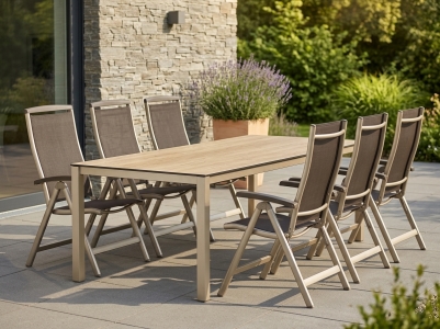 Sieger Royal-Polytec Gartenm&ouml;belset champagner, 6 Klappsessel R&uuml;ckenteil 6-fach verstellbar, 1 Tisch 220x100cm, Dekor Eiche hell