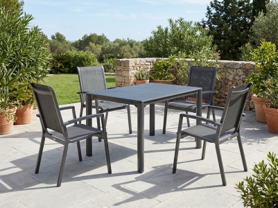 Sieger Calvi-Exclusiv Gartenm&ouml;belset eisengrau, 4 Stapelsessel, 1 Tisch verl&auml;ngerbar 120-170-220x80cm Vivodur Tischpl. Schiefer