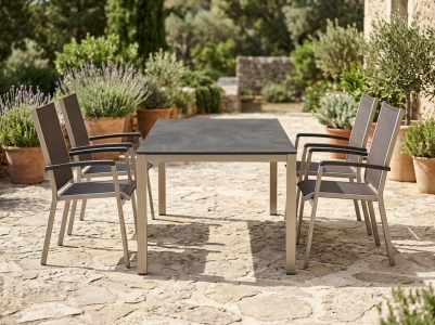 Sieger Bodega-Polytec Gartem&ouml;belset champagner, 4 Stapelsessel, 1 Tisch Polytec 160x90cm, Dekor Beton dunkel
