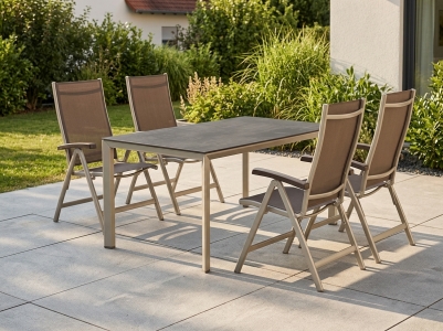 Sieger Bodega-Polytec Gartenm&ouml;belset champagner, 4 Klappsessel 6-fach verstellbar, 1 Tisch Polytec 160x90cm, Dekor Beton dunkel