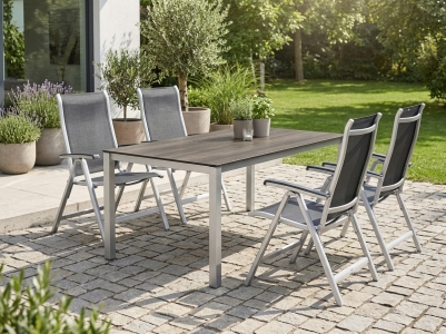 Sieger Calvi-Polytec Gartenm&ouml;belset graphit, 4 Klappsessel 6-fach verstellbar, 1 Tisch Polytec 160x90cm, Dekor Eiche dunkel