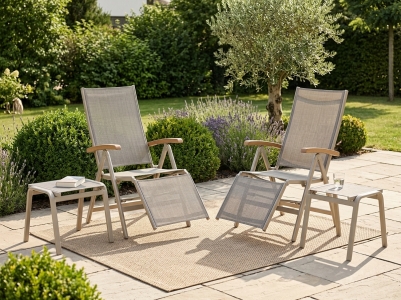 Sieger Cadiz Relax-Gartenm&ouml;bel champagner, 2 Relaxsessel R&uuml;ckenlehne und Fu&szlig;teil verstellbar, 2 Hocker