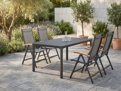 Sieg Cadiz-Loft Exclusiv Gartenm&ouml;belset eisengrau, 4 Klappsessel R&uuml;ckenteil 6-fach verstellbar, 1 Tisch 165x95cm, Vivodur Schief