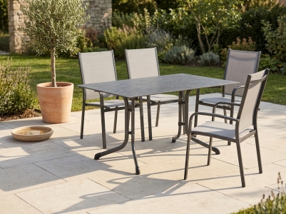 Sieger Meran Gartenm&ouml;belset eisengrau, 4 Stapelsessel, 1 Klapptisch Polytec Schiefer anthrazit, 140x90cm