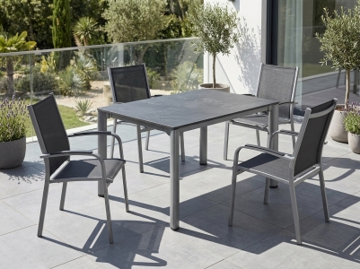 Sieger Meran-Exclusiv Gartenm&ouml;belset graphit, 4 Stapelsessel, 1 Tisch verl&auml;ngerbar 120-170-220cm, Vivodur Schiefer