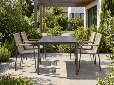 Ticco-Exclusiv-Gartenm&ouml;belset eisengrau, 4 Stapelsessel, 1 Tisch Polytec 160x90cm, Dekor Schiefer anthrazit
