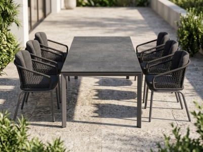 Sieger Gomera -Polytec Gartenm&ouml;belset eisengrau, 6 Sessel, 1 Tisch 220x100cm Polytec Dekor Zement anthrazit