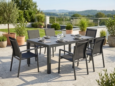 Stern New Levanto Gartenm&ouml;belset, 6 Stapelsessel, 1  Ausziehtisch, HPL Silverstar Slate, 174-254x90cm