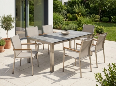 Stern Polaris-Silverstar Gartenm&ouml;belset, 6 Stapelsessel, 1 Ausziehtisch HPL Silverstar, 174-254x90cm
