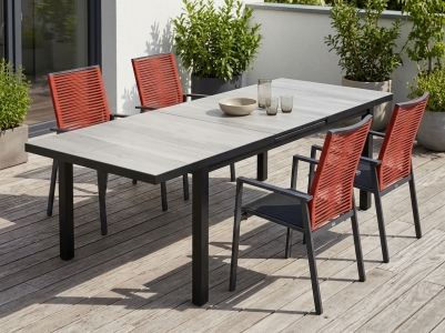 Niehoff Nancer-Cervo Gartenm&ouml;belset, 4 Hochlehner stapelbar, 1 Ausziehtisch 180-240x100cm Tischplatte aus Glaskeramik