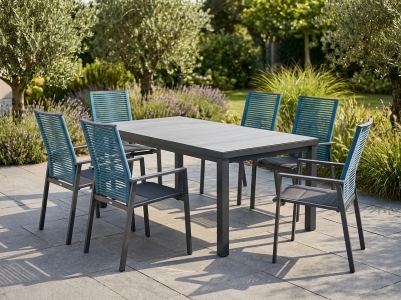 Niehoff Nancer-Cervo Gartenm&ouml;belset blau, 6 Hochlehner stapelbar, 1 Ausziehtisch 180-240x100cm Tischplatte aus Glaskeramik