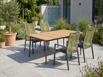 Niehoff Cervo-Luna Gartenm&ouml;belset gr&uuml;n, 4 Hochlehner stapelbar, 1 Tisch 160x95cm, Tischplatte Teak natur