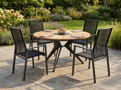 Niehoff Cervo-Nexor Gartenm&ouml;belset anthrazit, 4 Hochlehner stapelbar, 1 Tisch  Teak 140cm rund, Stern-Gestell,