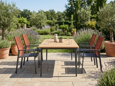 Niehoff Cervo-Luna Gartenm&ouml;belset, 4 Stapelsessel, 1 Tisch 160x95cm, Tischplatte Teak natur