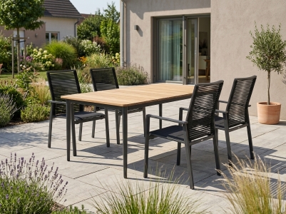 Niehoff Cervo-Luna Gartenm&ouml;belset anthrazit, 4 Hochlehner stapelbar, 1 Tisch 160x95cm, Tischplatte Teak natur