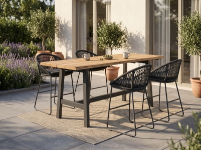Niehoff Kuta-Tavo Gartenm&ouml;bel-Tresenset, 4 Tresenst&uuml;hle, 1 Tresentisch Teak mit Baumkante 220x80cm