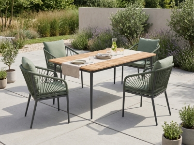 Niehoff M&ouml;bel Pino-Luna Gartenm&ouml;belset gr&uuml;n, 4 Sessel, 1 Tisch 160x95cm, Tischplatte Teak natur