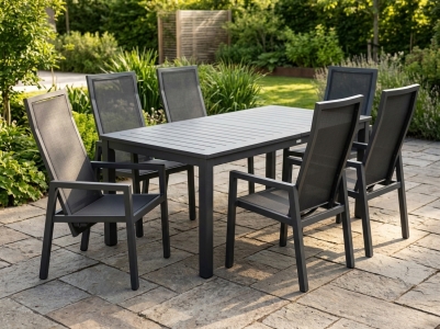 Brafab Newfort- Lomma Gartenm&ouml;belset anthrazit, 4  Positionsstuhl, R&uuml;ckenteil verstellbar, 1 Ausziehtisch 194-312x100cm