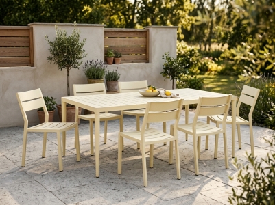 Brafab Bigby-Delia Gartenm&ouml;belset lemon, 6 Stapelsessel, 1 Diningtisch  195x90cm