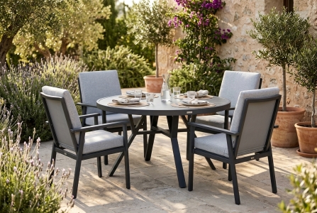 Brafab Samvaro Gartenm&ouml;belset anthrazit, 4 Diningsessel mit Polster, 1 Tisch rund 140cm