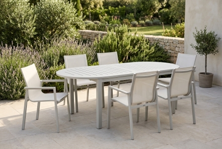 Brafab Delia Gartenm&ouml;belset light grey, 6 Diningsessel stapelbar, 1 Tisch Elipse Ausziehtisch 220-280x110cm
