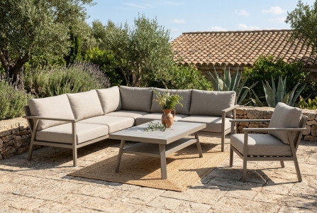 Brafab Samvaro Garten-Ecklounge Low Set 232x232cm inkl. Kissen,  Loungetisch 140x70x50cm, 1 Sessel